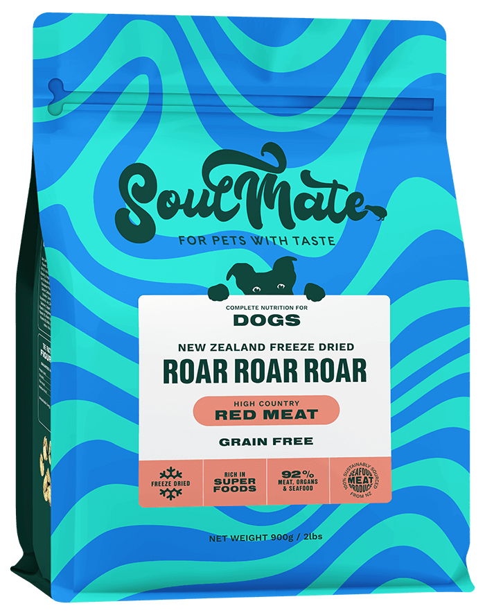 SoulMate roar roar roar freeze-dried red meat dog food package with blue and green design