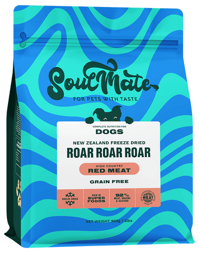 SoulMate roar roar roar freeze-dried red meat dog food package with blue and green design