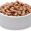 White bowl filled with brown pet food on a white background