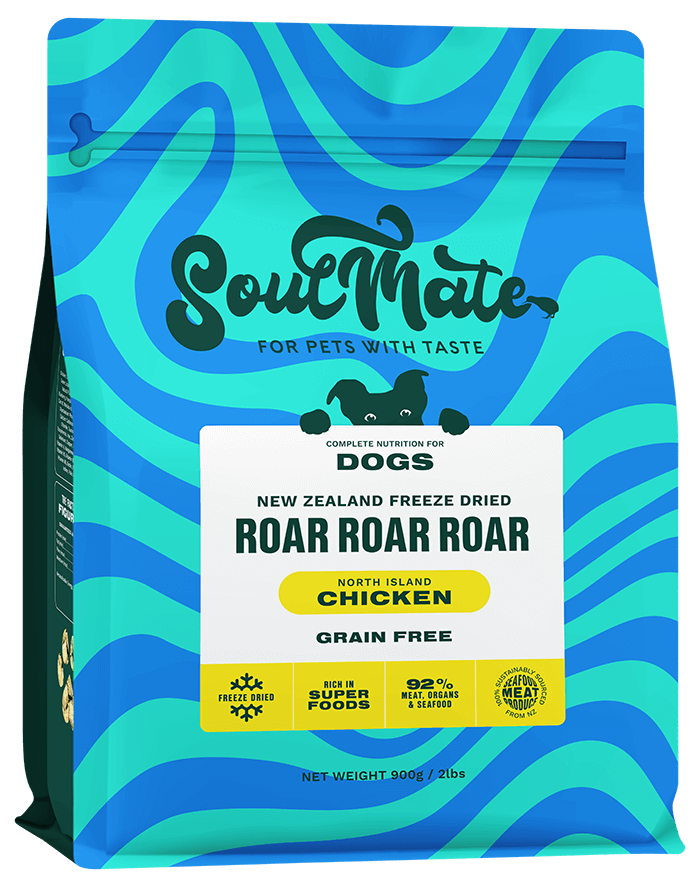 SoulMate freeze-dried chicken dog food package with blue and green wavy design