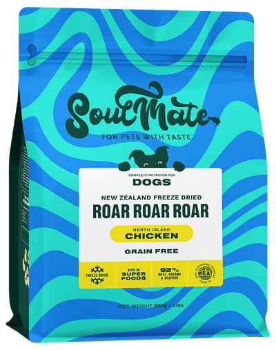 SoulMate freeze-dried chicken dog food package with blue and green wavy design