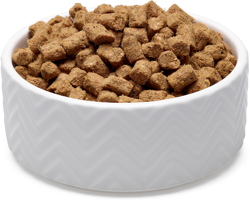 White bowl filled with soulmate roar roar roar seafood recipe brown dog food on a white background