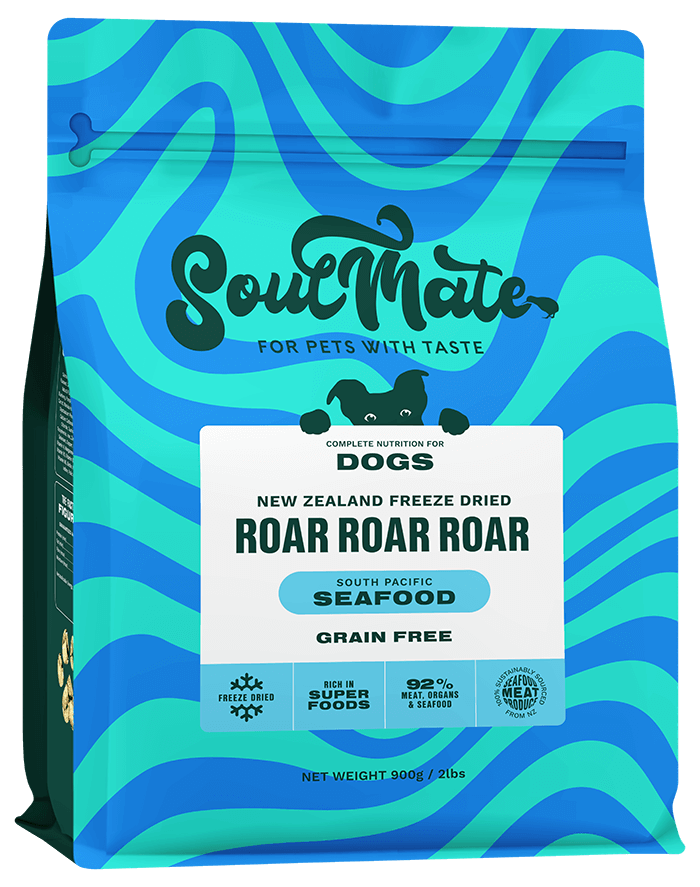 Blue packaging of Soul Mate roar roar roar seafood dog food with wavy design