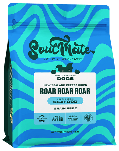 Blue packaging of Soul Mate roar roar roar seafood dog food with wavy design