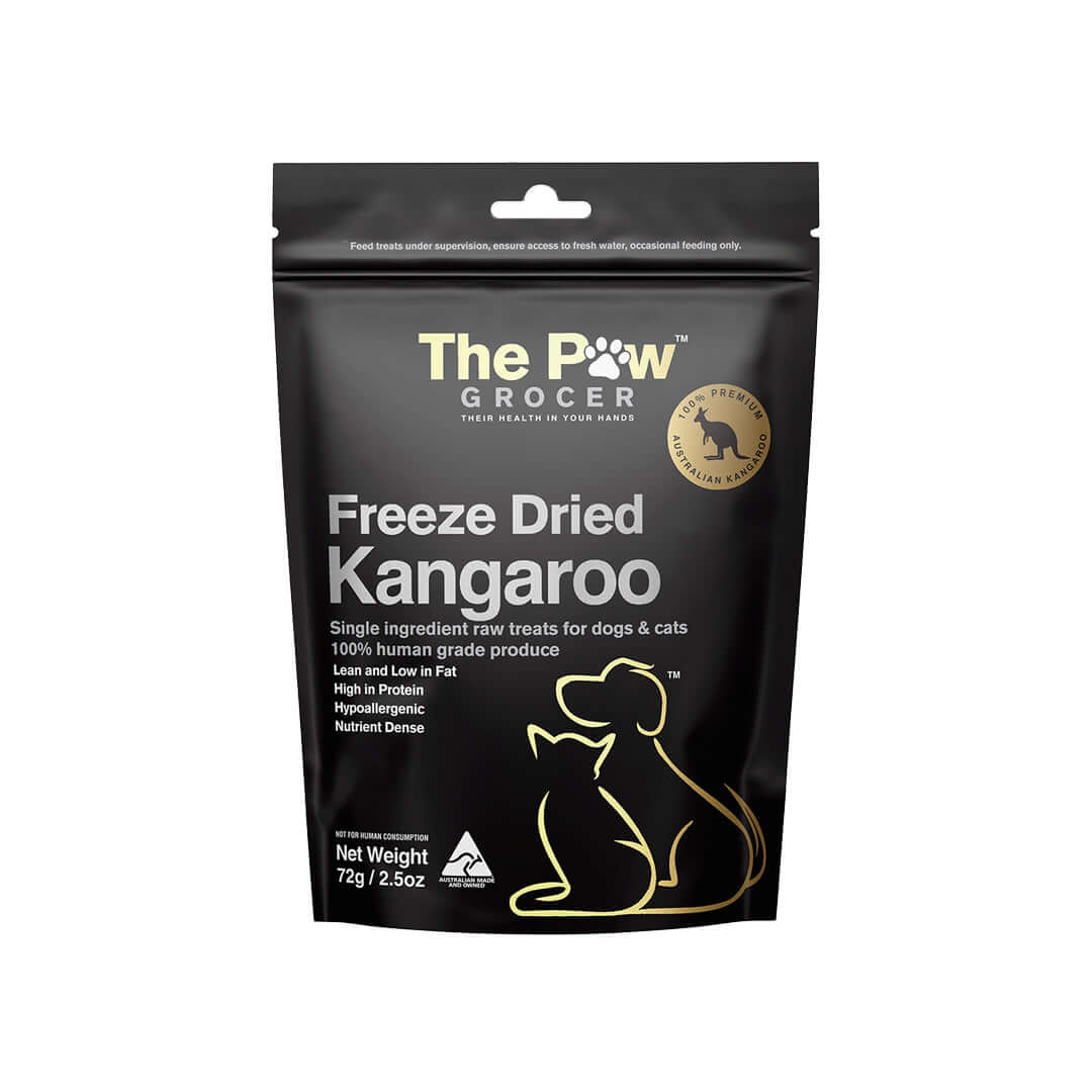 The Paw Grocer Freeze Dried Kangaroo Treats for dogs and cats, 72g pack, high protein, human-grade ingredients.