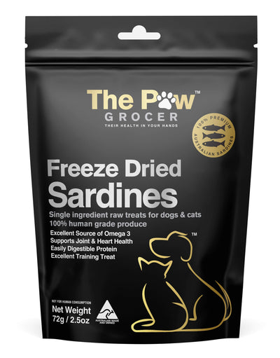 The Paw Grocer Freeze Dried Sardines for dogs and cats, rich in Omega 3, 72g pack, single ingredient health treat.