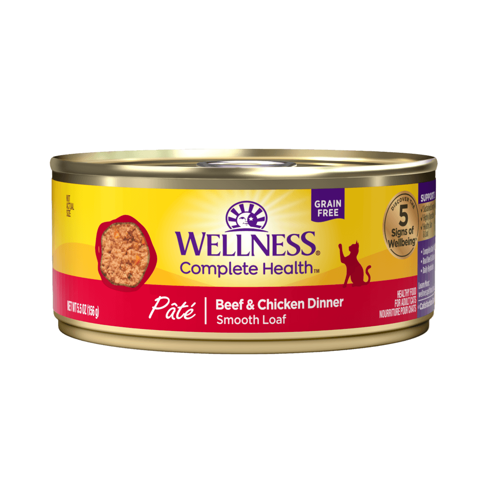 Wellness Complete Health Beef & Chicken Pate Wet Cat Food can, grain-free, high-protein nutrition for cats.
