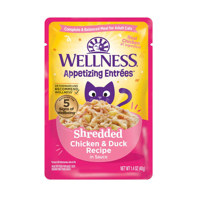 Wellness Appetizing Entrees Shredded Chicken & Duck Recipe wet cat food 1.4oz in savory broth for hydration and nutrition.