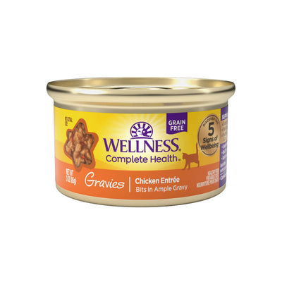 Wellness Complete Health Chicken Dinner Canned Wet Cat Food, 3oz, grain-free, savory chicken in rich gravy.