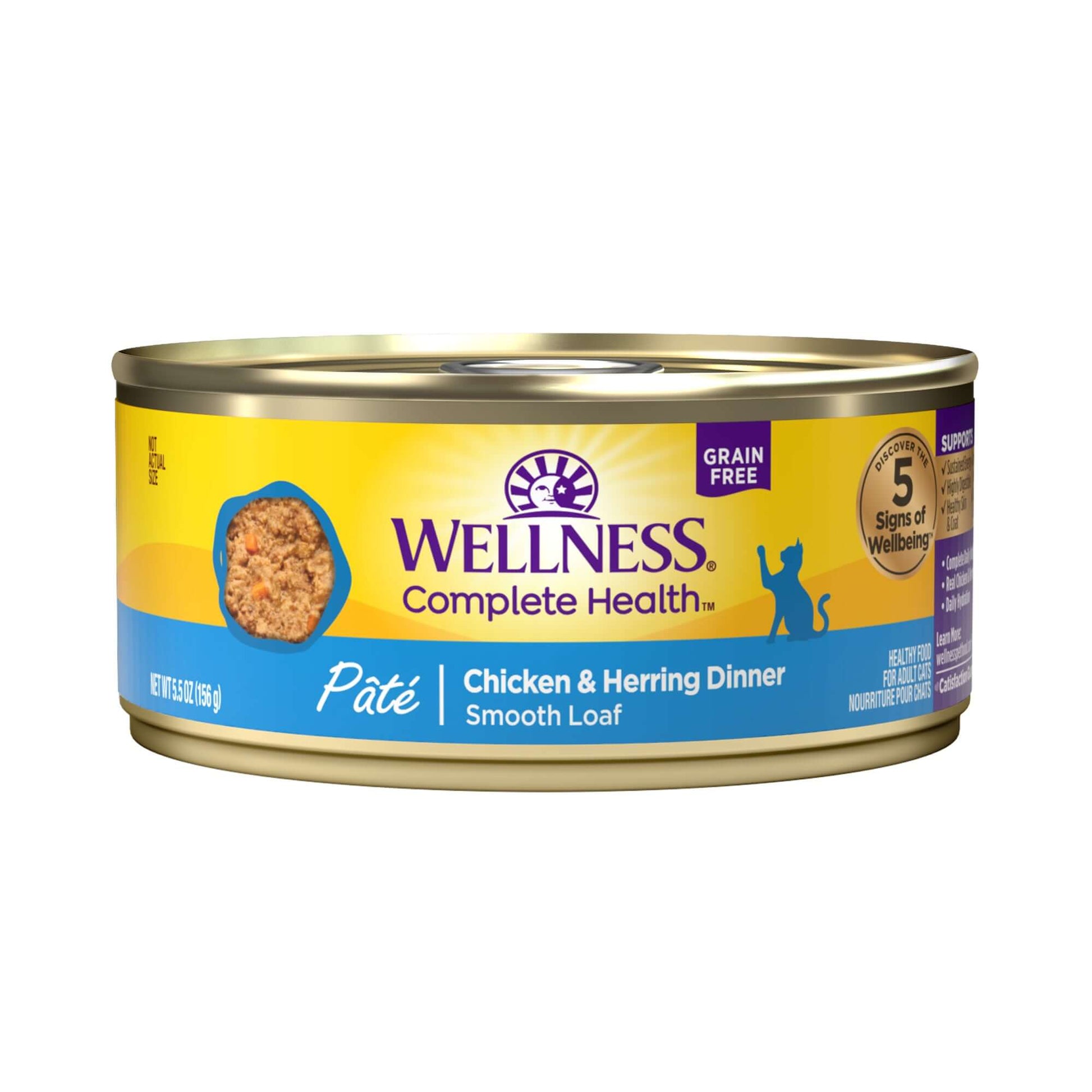 Wellness Complete Health Chicken & Herring Pate Cat Food can, grain-free, high-protein nutrition for cats, 156g.