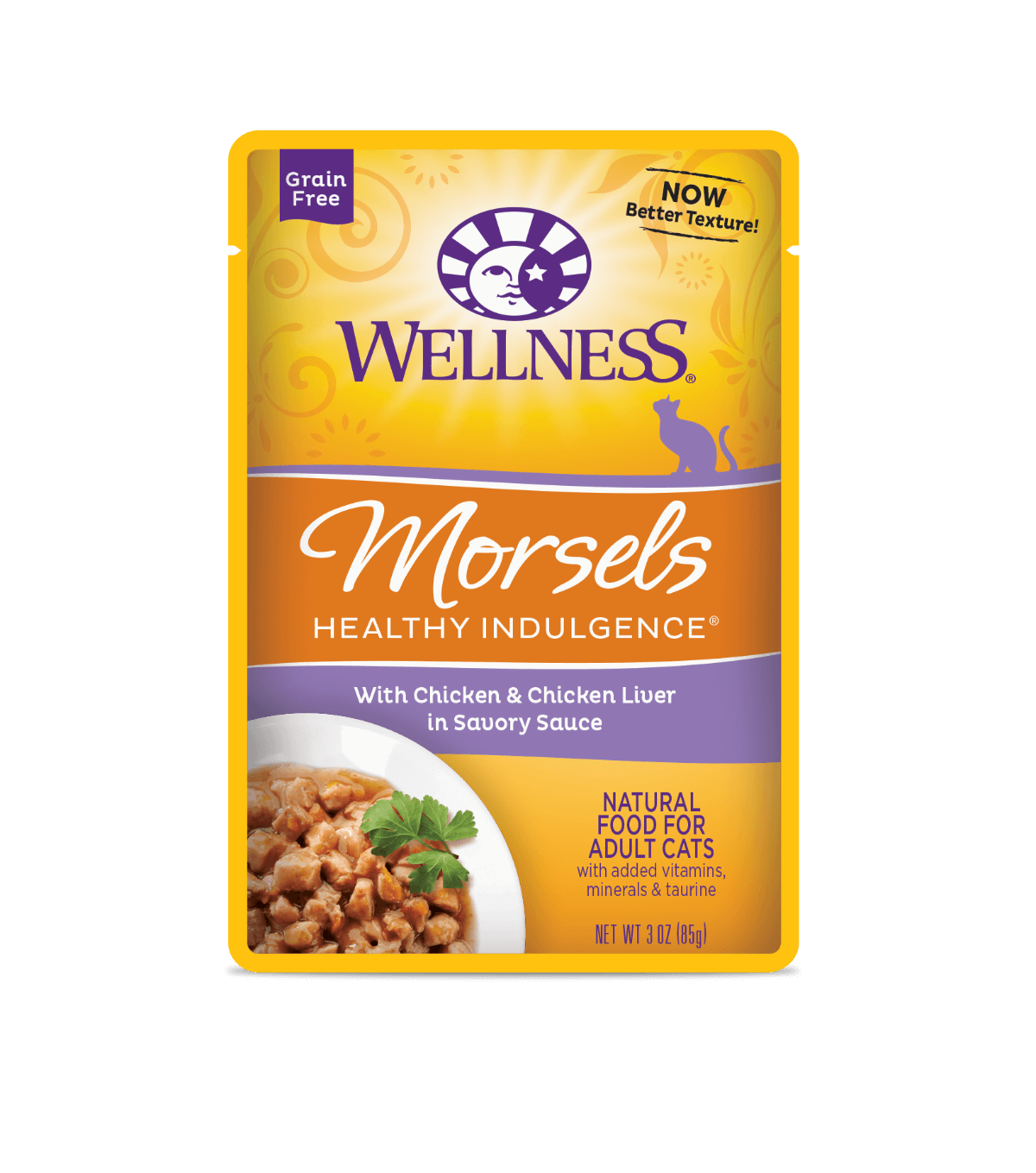 Wellness Healthy Indulgence Chicken & Chicken Liver Wet Cat Food pouch, grain-free, savory morsels in sauce.