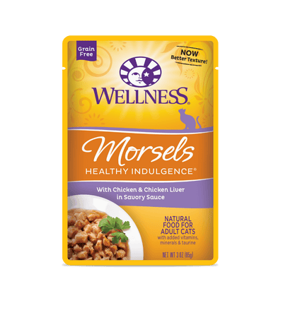 Wellness Healthy Indulgence Chicken & Chicken Liver Wet Cat Food pouch, grain-free, savory morsels in sauce.