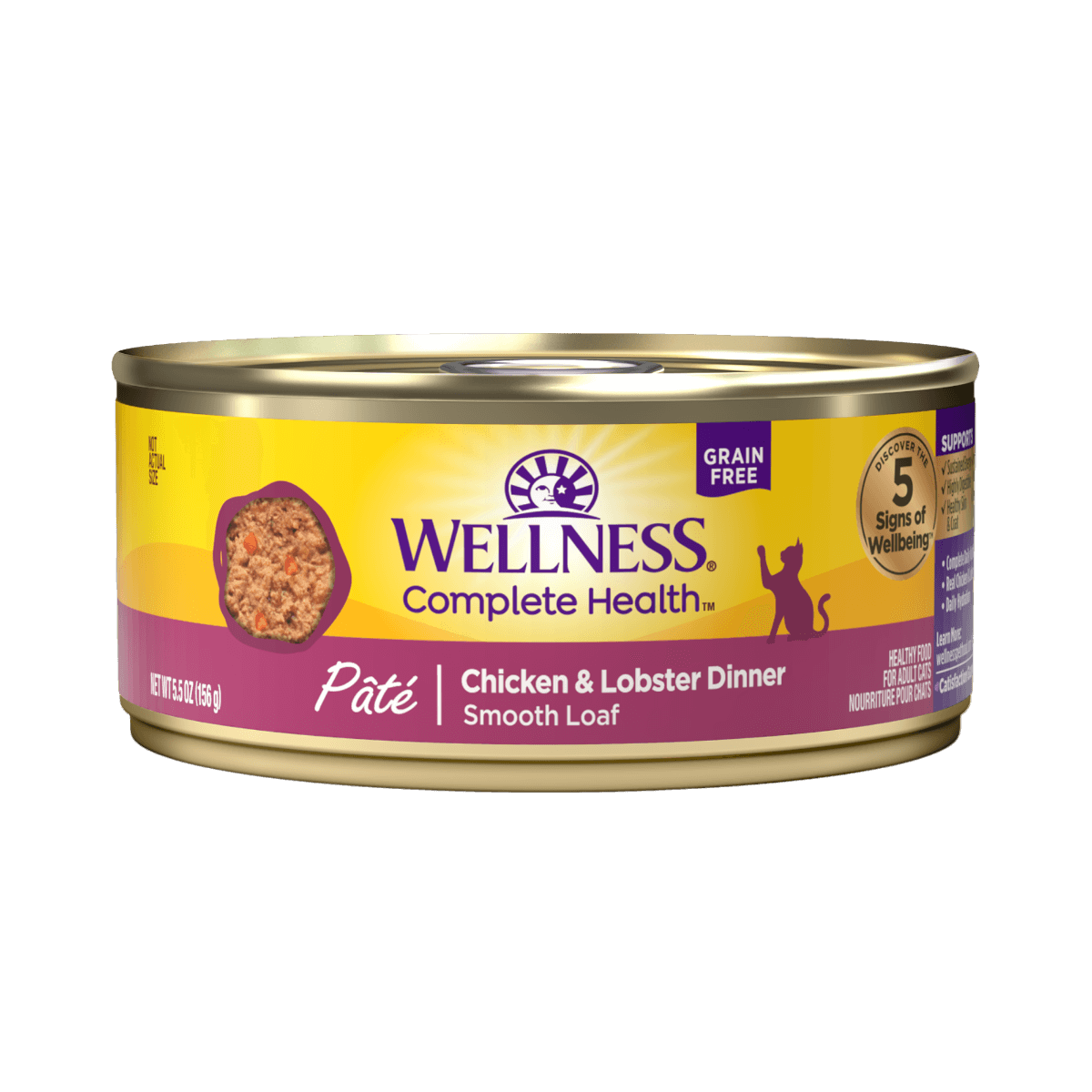 Wellness Complete Health Grain-Free Chicken & Lobster Pate Wet Cat Food can, 156g, smooth texture, high-protein nutrition.