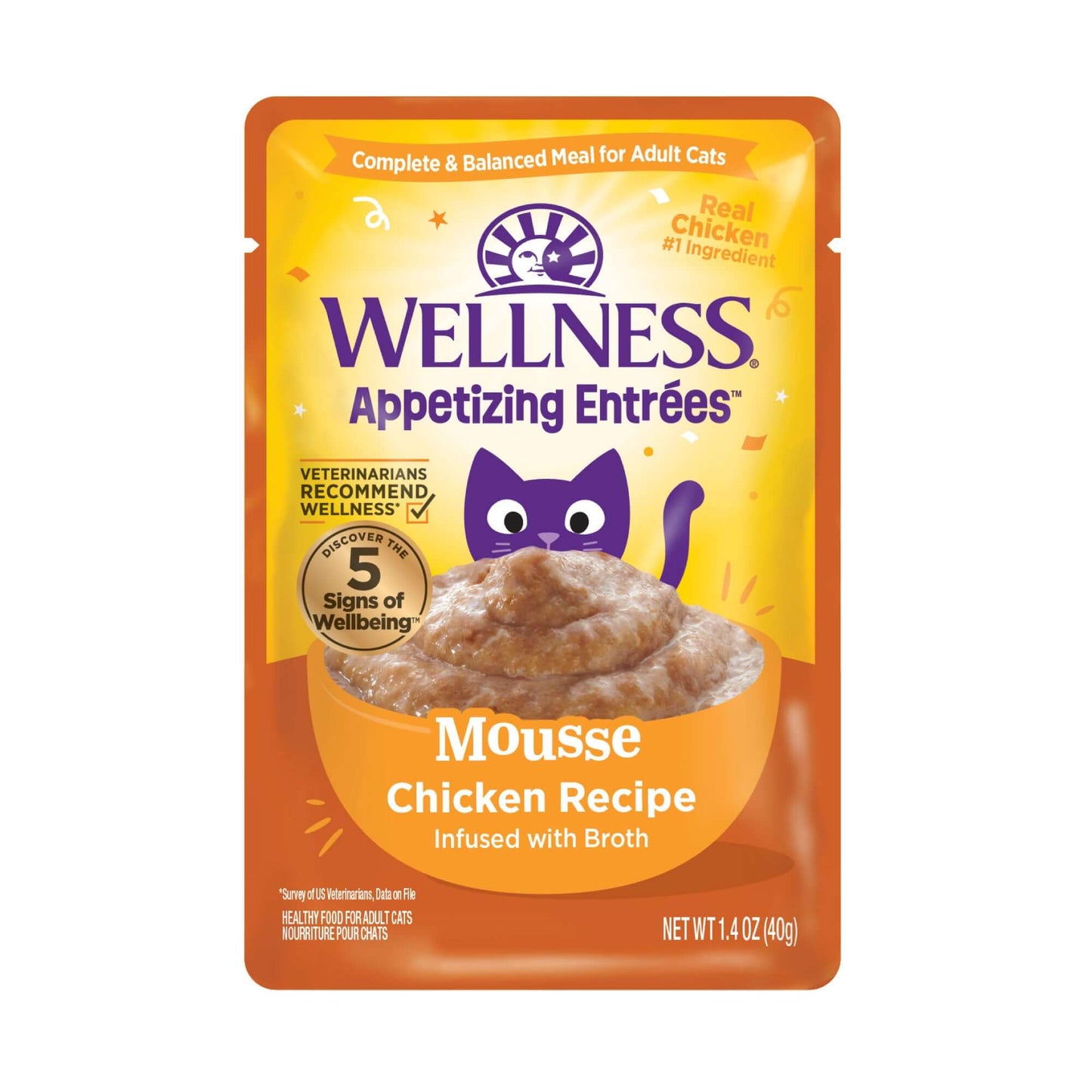 Wellness Appetizing Entrees Mousse Chicken Recipe wet cat food pouch - 1.4oz featuring real chicken and broth for tasty nutrition.