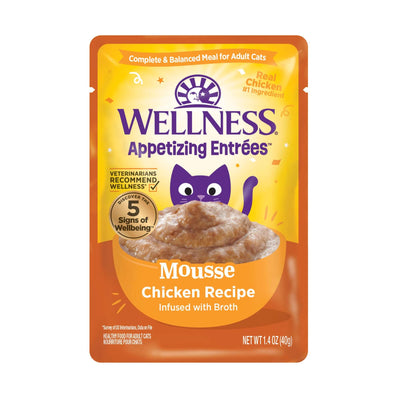 Wellness Appetizing Entrees Mousse Chicken Recipe wet cat food pouch - 1.4oz featuring real chicken and broth for tasty nutrition.