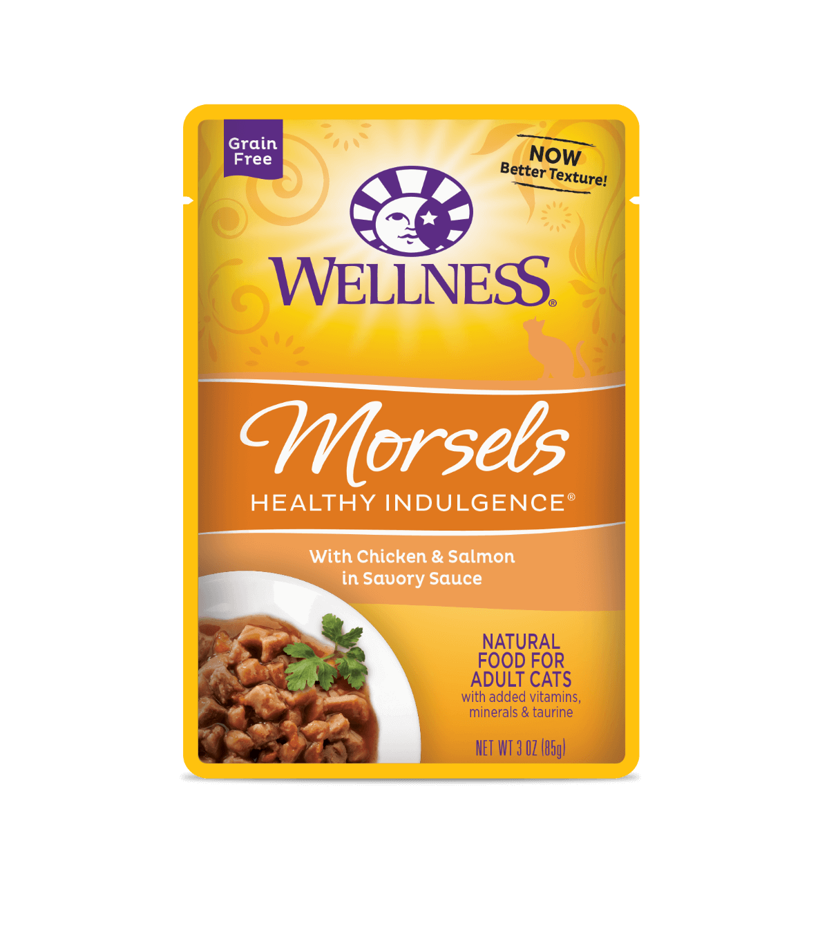 Wellness Healthy Indulgence Chicken & Salmon cat food pouch in savory sauce, grain-free and nutritious for adult cats.