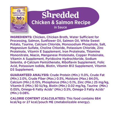 Ingredient list for Wellness Shredded Chicken & Salmon Recipe wet cat food with nutritional analysis.