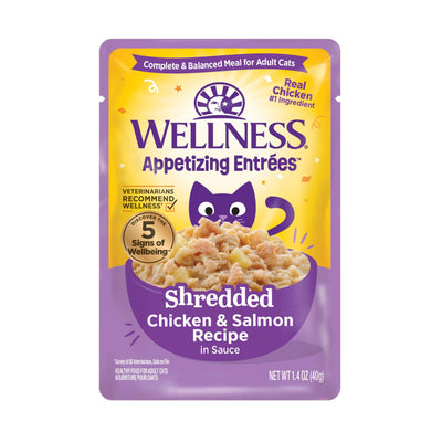 Wellness Appetizing Entrees Shredded Chicken & Salmon Recipe wet cat food pouch 1.4 oz featuring tender shreds in sauce.