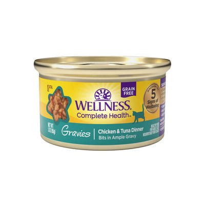 Wellness Complete Health Chicken & Tuna Dinner canned cat food in gravy, 3oz - grain-free, nutritious meal for cats.