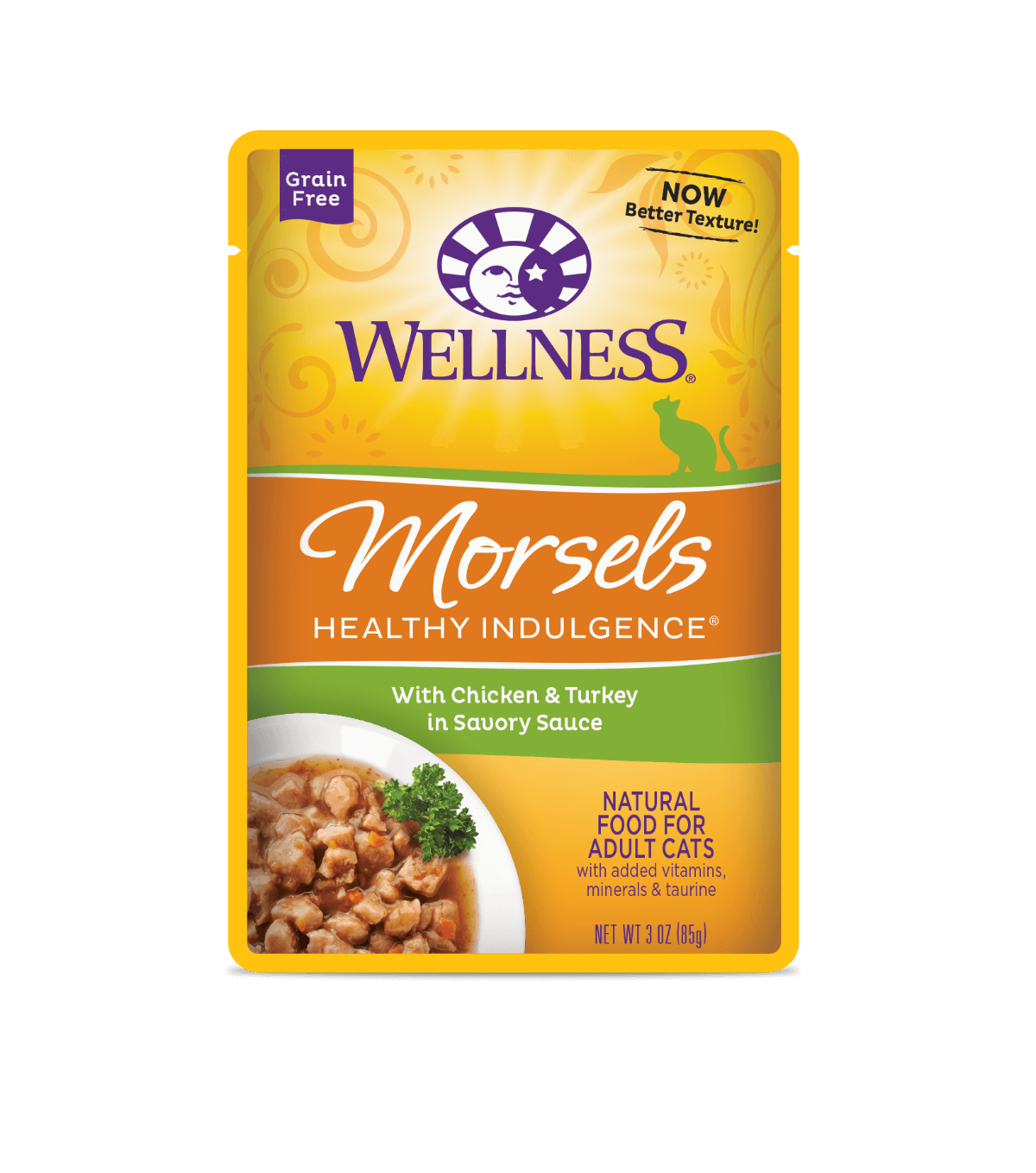 Wellness Healthy Indulgence chicken & turkey wet cat food pouch, 3oz, grain-free, savory nutrition for cats.