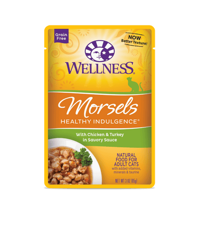 Wellness Healthy Indulgence chicken & turkey wet cat food pouch, 3oz, grain-free, savory nutrition for cats.