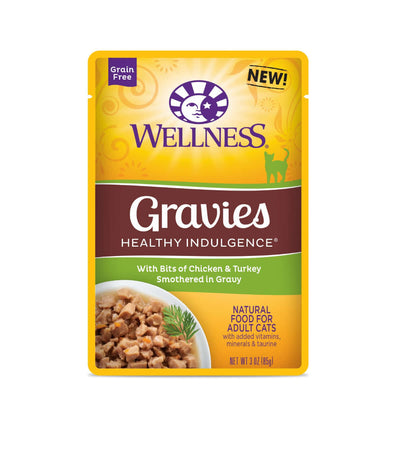 Wellness Healthy Indulgence Gravies Chicken & Turkey Wet Cat Food pouch, natural and grain-free for adult cats.