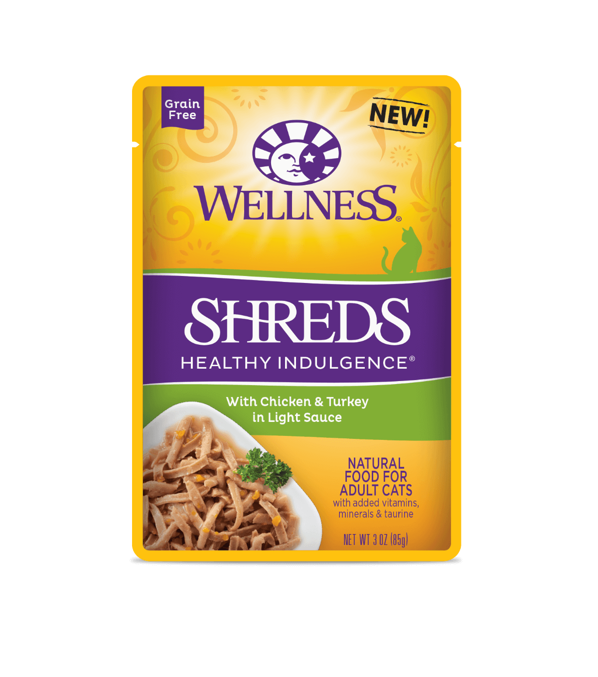 Wellness Healthy Indulgence Shreds Chicken & Turkey Wet Cat Food 3oz pack with grain-free ingredients.
