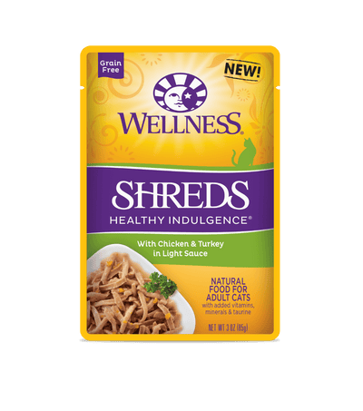 Wellness Healthy Indulgence Shreds Chicken & Turkey Wet Cat Food 3oz pack with grain-free ingredients.