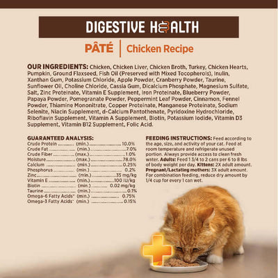 Wellness Core+ Digestive Health Pate Chicken recipe ingredients and feeding instructions for optimal cat health.