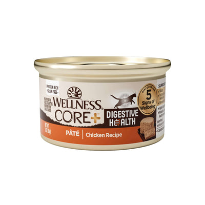 Wellness Core+ Digestive Health Chicken Pate wet cat food can, 3oz, supports feline digestive health, grain-free, and easy to digest.