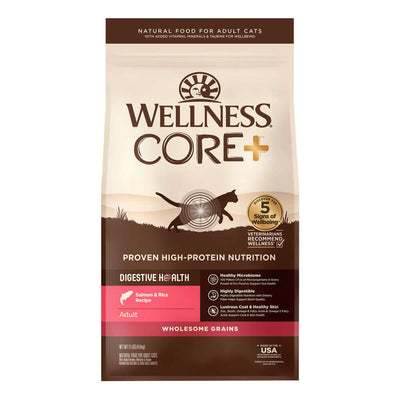 Wellness CORE Digestive Health Salmon & Rice Recipe dry cat food bag, high-protein nutrition for adult cats.