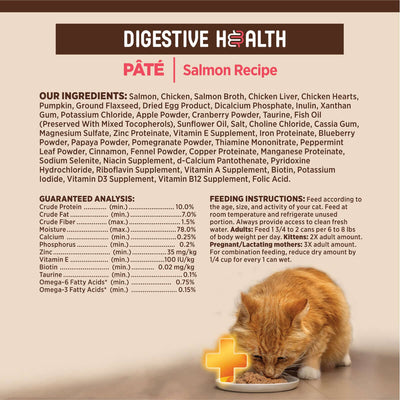Wellness Core+ Digestive Health Salmon Pate ingredients and feeding instructions for cats, highlighting premium nutrition.