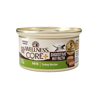 Wellness Core+ Digestive Health Turkey Pate Wet Cat Food can, 3oz, supports digestion and gut health for sensitive cats.
