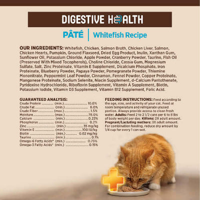Wellness Core+ Whitefish Pate cat food ingredients and feeding instructions for sensitive digestion.