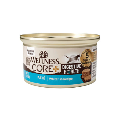 Wellness Core+ Digestive Health Whitefish Pate 3oz can for sensitive cat digestion with prebiotic fiber and omega-3s.
