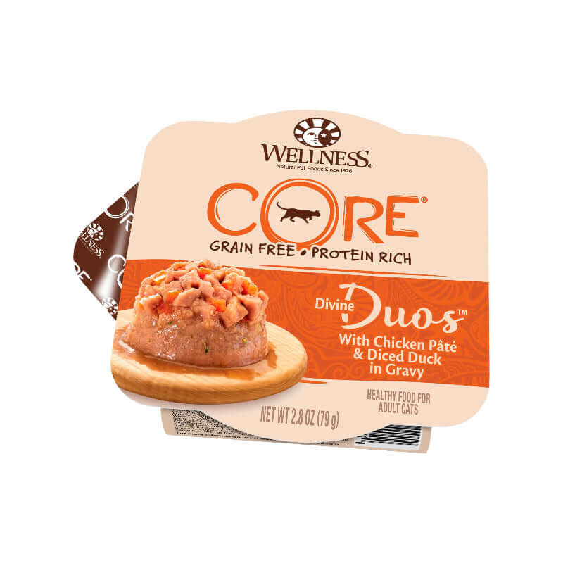 Wellness CORE Divine Duos Chicken Pâté & Diced Duck Wet Cat Food, grain-free and protein-rich, 2.8oz packaging.