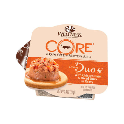 Wellness CORE Divine Duos Chicken Pâté & Diced Duck Wet Cat Food, grain-free and protein-rich, 2.8oz packaging.