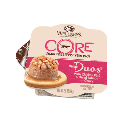 Wellness CORE Divine Duos Chicken Pate & Diced Salmon Wet Cat Food 2.8oz, meat in gravy for a high-protein, grain-free meal.