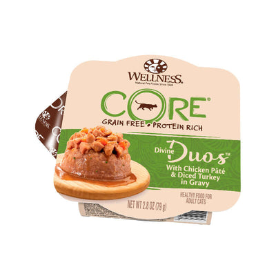 Wellness CORE Divine Duos Chicken Pâté & Diced Turkey Wet Cat Food in 2.8oz cup for healthy adult cats.