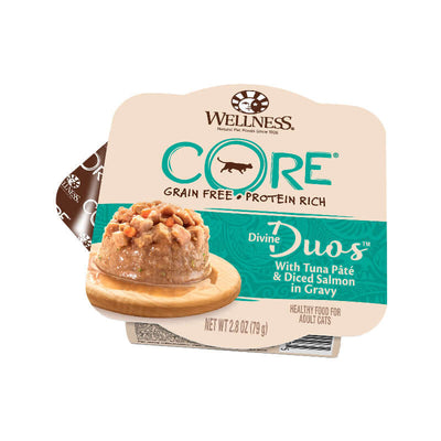 Wellness CORE Divine Duos Tuna Pâté & Diced Salmon Wet Cat Food 2.8oz in packaging, grain-free and protein-rich.