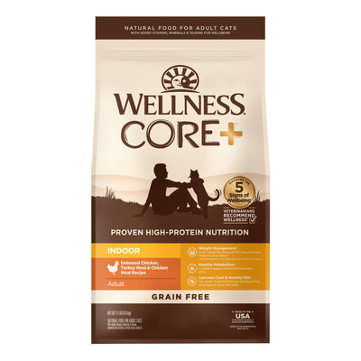 Wellness CORE+ Indoor Dry Cat Food with Deboned Chicken and Turkey, grain-free high-protein nutrition for adult cats.