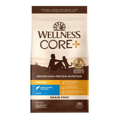 Wellness CORE Indoor Salmon & Herring Dry Cat Food bag, grain-free, high-protein nutrition for adult indoor cats.