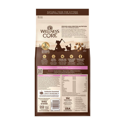 Wellness CORE Grain-Free Kitten Food bag featuring deboned turkey, chicken, and high-protein nutrition for kittens.