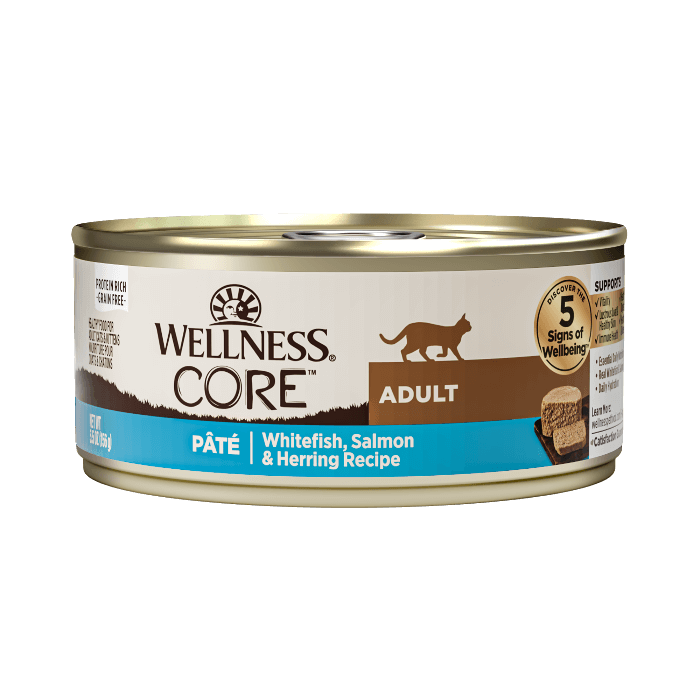 Wellness CORE Grain-Free Salmon, Whitefish & Herring Pate wet cat food in a 156g can.