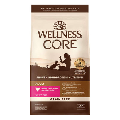Wellness CORE Grain-Free Adult Cat Food with Turkey, Turkey Meal & Duck, high-protein nutrition for healthy cats.