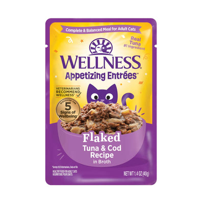 Wellness Appetizing Entrees Flaked Tuna & Cod wet cat food pouch, 1.4oz, featuring ocean-fresh taste and nutritious broth.