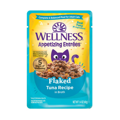 Wellness Appetizing Entrees Flaked Tuna Recipe Wet Cat Food pouch, highlighting real tuna and natural ingredients for cats.