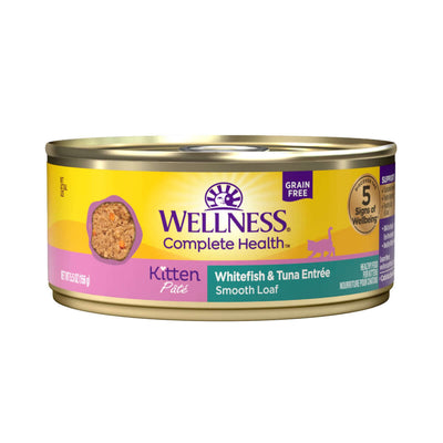 Wellness Complete Health Grain-Free Kitten Pate Whitefish & Tuna Wet Cat Food can, 156g, smooth loaf for optimal kitten nutrition.