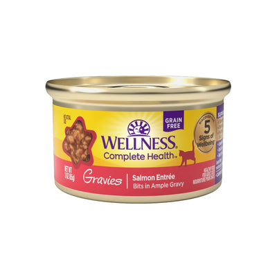 Wellness Complete Health Salmon Dinner 3oz canned cat food in gravy, grain-free for healthy skin and coat.