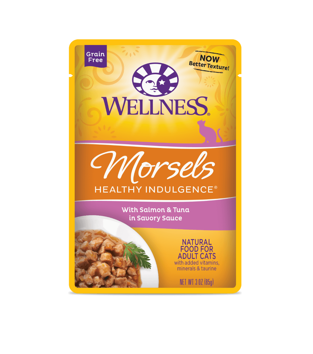 Wellness Healthy Indulgence Salmon & Tuna Morsels cat food pouch, grain-free, packed with protein and flavor.